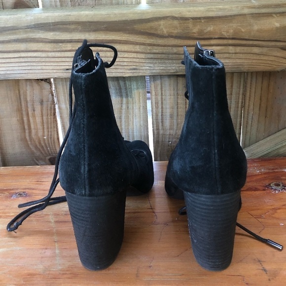 Fergie Black Suede Riviera Open Toe Lace-Up Stacked Heel Booties - Picture 5 of 10